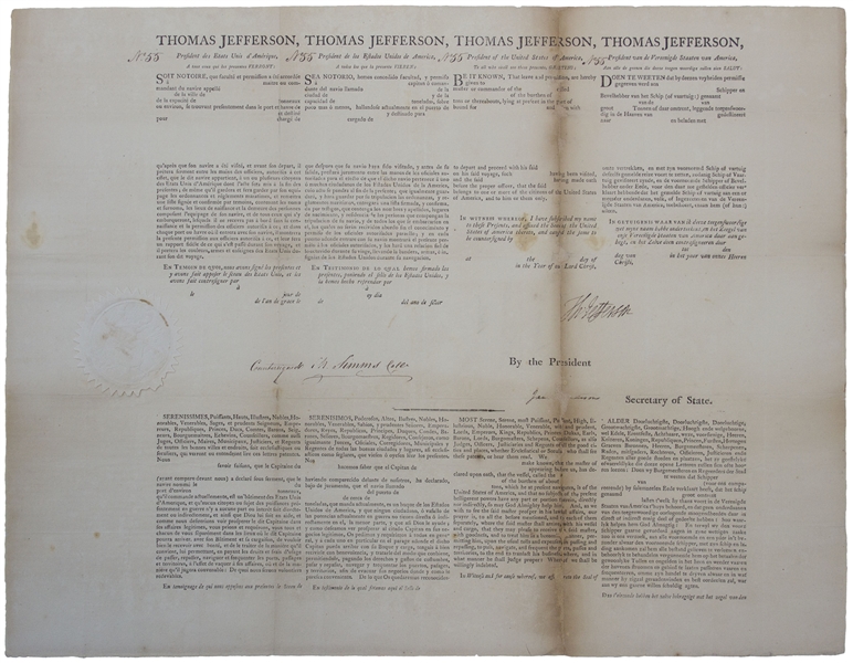 Thomas Jefferson Document Signed as President -- 4-Language Ship's Papers Also Signed by James Madison